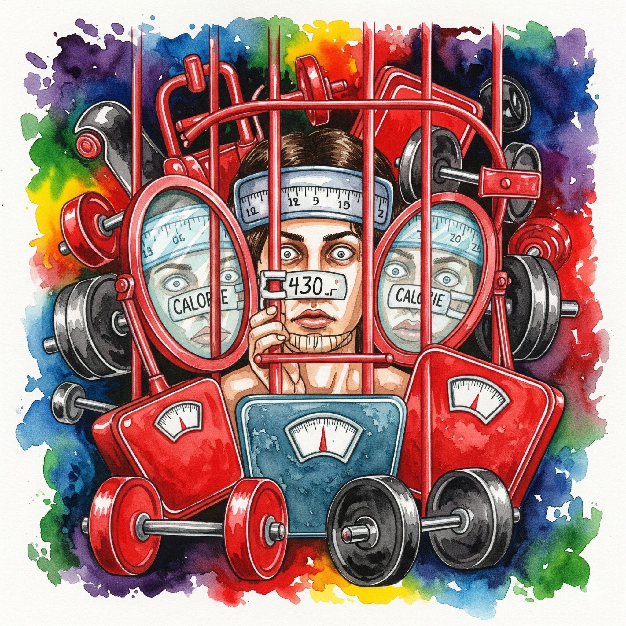 Person mit leeren Augen umgeben von Gewichten, Waagen und Spiegeln als Gefängnis in aggressiven Rot- und Schwarztönen - Exercise Addiction