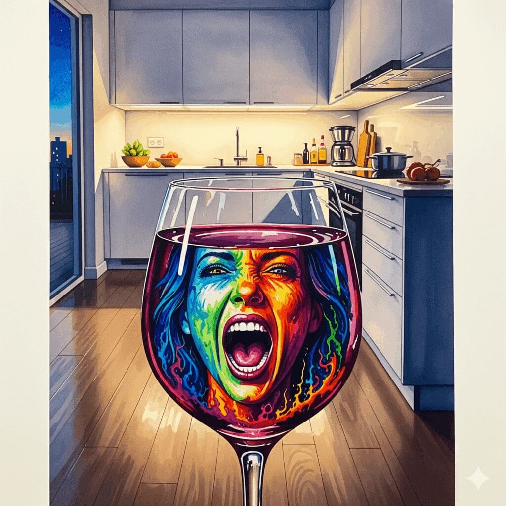 Ein Weinglas spiegelt ein schreiendes Gesicht wider, als Symbol für die stille Sucht und den verborgenen Schmerz hinter der Fassade des Funktionierens.