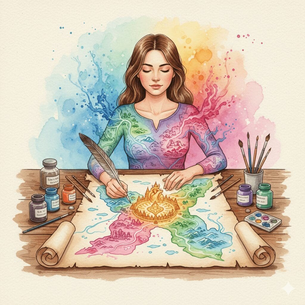 Eine Frau zeichnet ihre eigene Landkarte, als Symbol für die Selbstermächtigung durch das Wissen um die eigene, einzigartige Biologie und Psychologie in der Recovery.