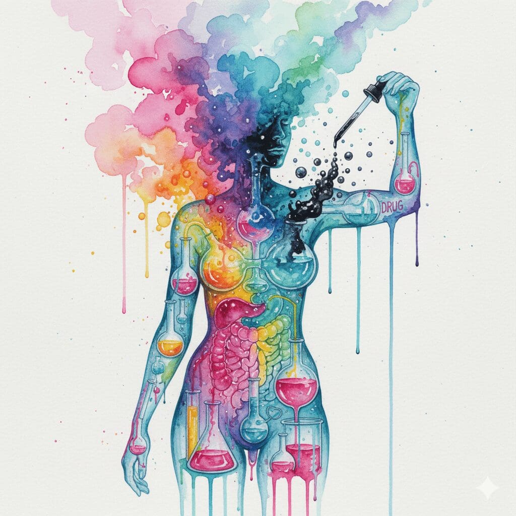 Der weibliche Körper als Chemielabor, in dem Hormone und Drogen heftig miteinander reagieren, als Symbol für die einzigartige biologische Anfälligkeit von Frauen für Sucht.