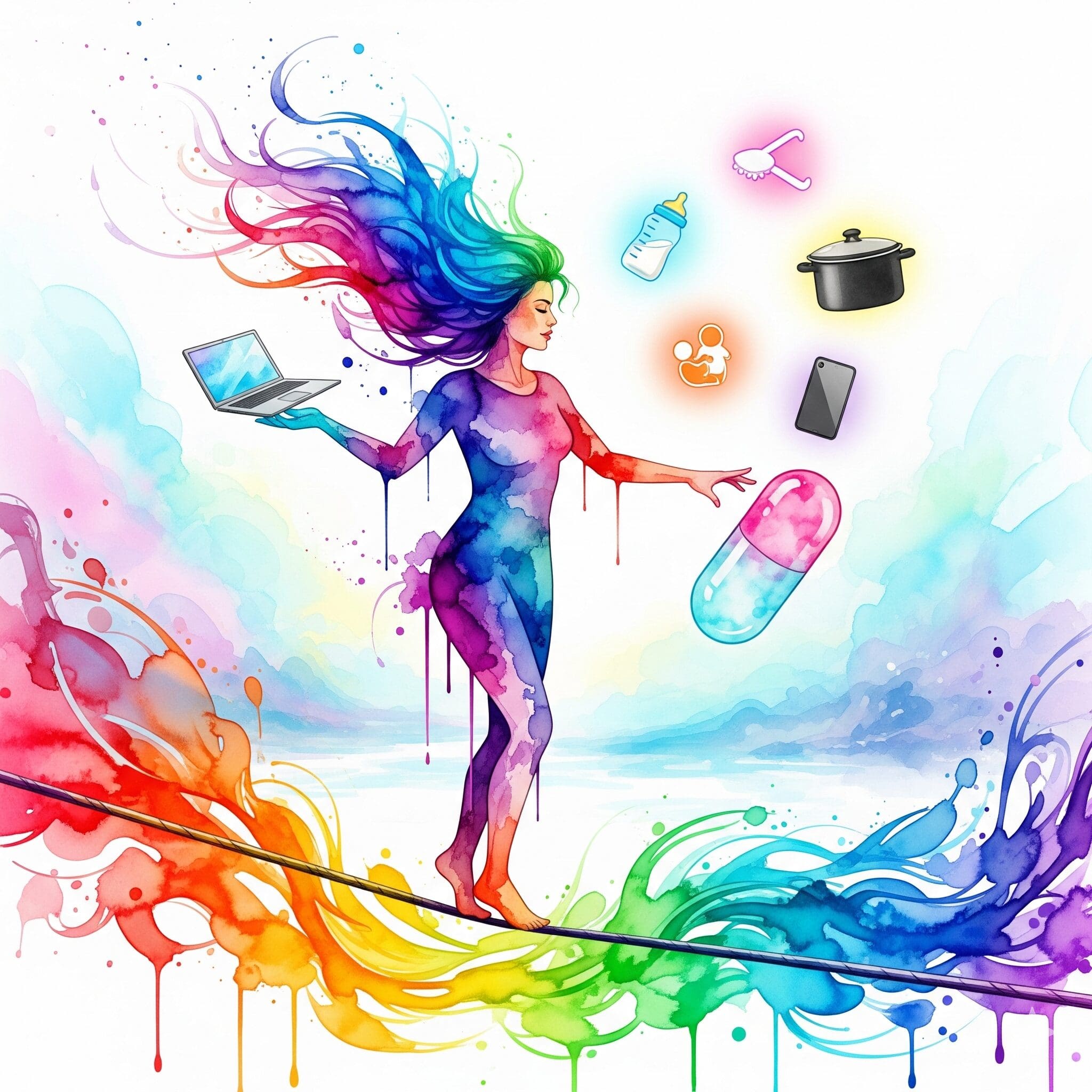 Eine Frau, die Job, Familie und Haushalt jongliert und nach einer Pille greift, um die Balance zu halten. Symbol für den Perfektionsdruck, der in die Sucht führt.