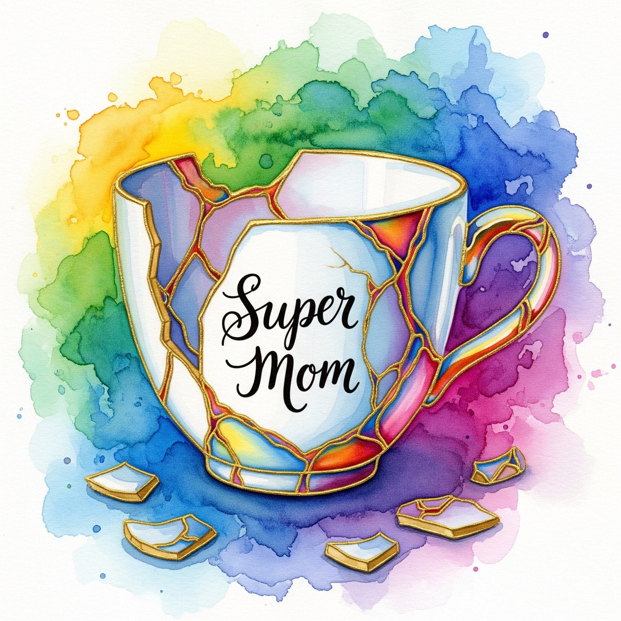 Eine zerbrochene "Super Mom"-Tasse, die mit Gold repariert wird, als Symbol dafür, dass das Eingeständnis des Scheiterns der Beginn wahrer Stärke und Heilung ist.
