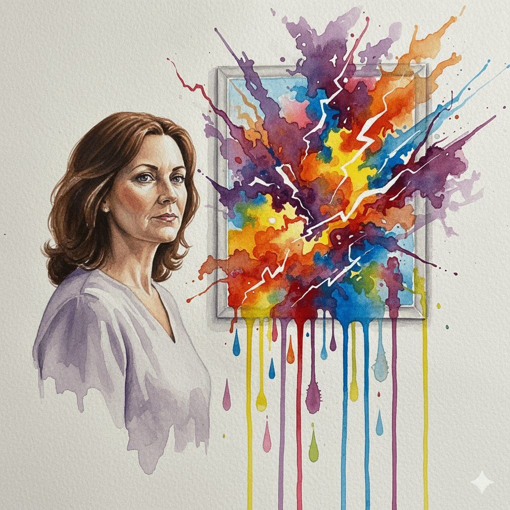 Eine Frau, deren Spiegelbild einen emotionalen Sturm zeigt, als Symbol für die unsichtbare psychische Belastung der Wechseljahre hinter einer gefassten Fassade.