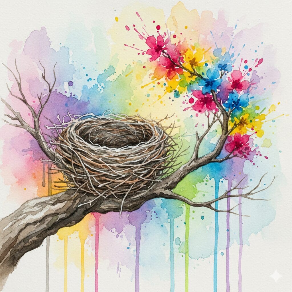 Ein leeres Vogelnest, neben dem ein neuer, blühender Trieb wächst, als Symbol für die Chance auf einen Neuanfang nach dem "Leere-Nest-Syndrom" in den Wechseljahren.