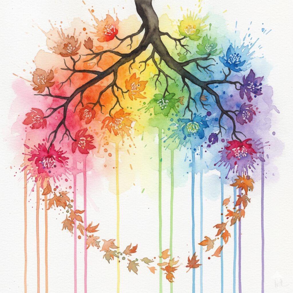 Ein Baum, der Herbstblätter verliert und gleichzeitig neue, bunte Blüten treibt, als Symbol für die Transformation und den kraftvollen Neuanfang in und nach den Wechseljahren.