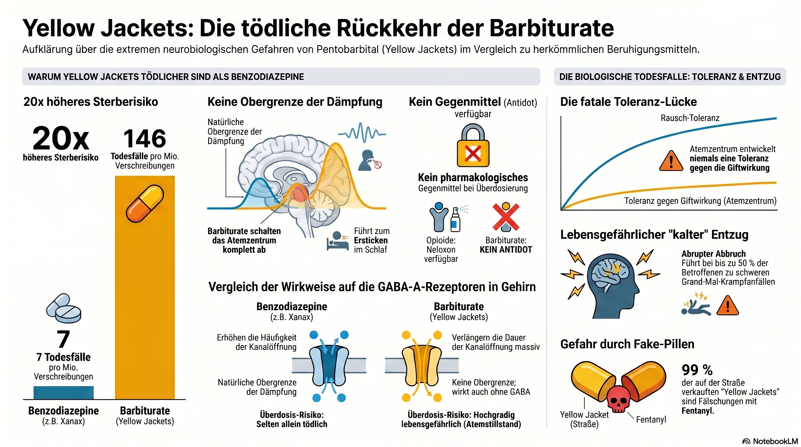Aquarell einer mikroskopischen Zelle. Ein toxisch-gelbes Molekül verklemmt einen blauen Rezeptor, sodass elektrische Funken unkontrolliert hindurchströmen können. Symbol für das Barbiturat-Hijacking.