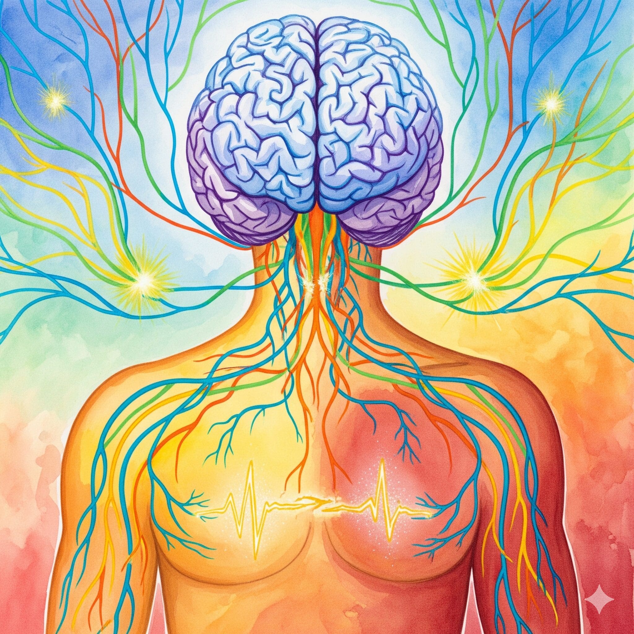 Gehirn und Körper verbunden durch goldene Nervenbahnen, teilweise unterbrochene Verbindungen in Watercolor - Neurobiologie