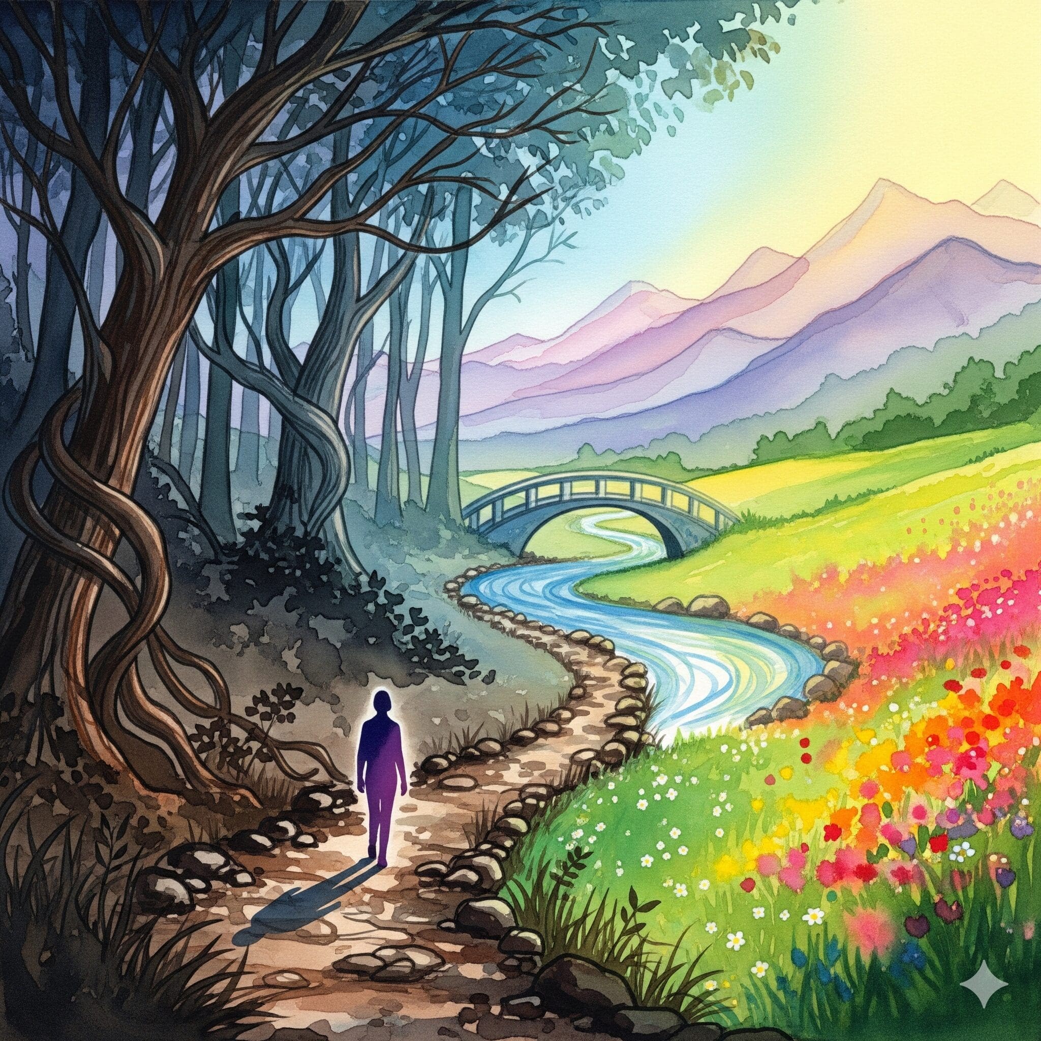 Landschaft zeigt Heilungsweg - dunkler Wald, steiniger Pfad, Brücke über Fluss, blühende Wiese, Berge am Horizont, wandernde Figur in Watercolor