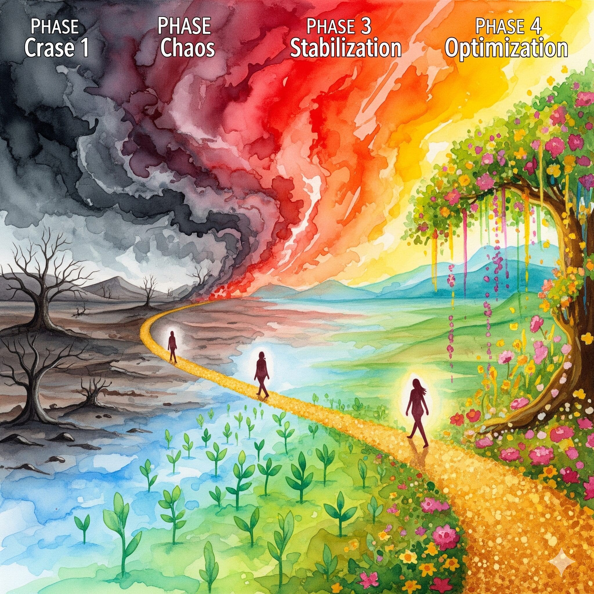 Hormon Heilungs Reise vier Phasen Recovery endokrin System Wüste Sturm Stabilisierung blühender Garten goldener Pfad