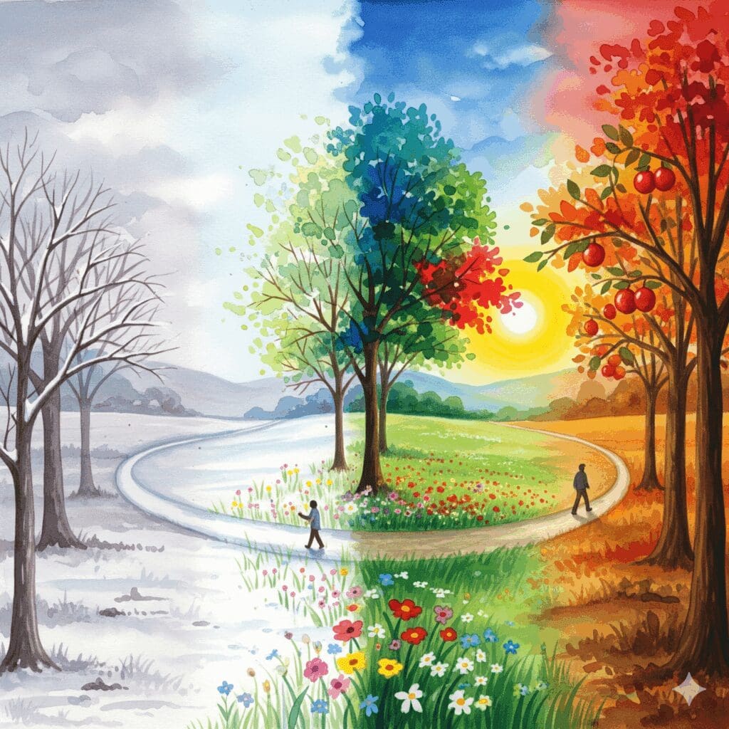 Watercolor-Landschaft durch vier Jahreszeiten: Winter (Verwirrung/grau), Frühling (erste Erkundung), Sommer (Integration), Herbst (Authentizität), Person wandelt durch alle Phasen