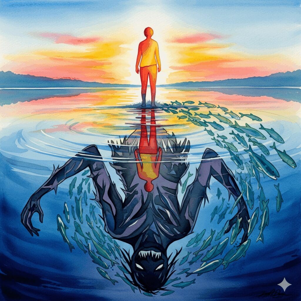 Person spiegelt sich in See aber Spiegelbild ist völlig verzerrt - Körper-Entfremdung in Recovery in Watercolor-Farben