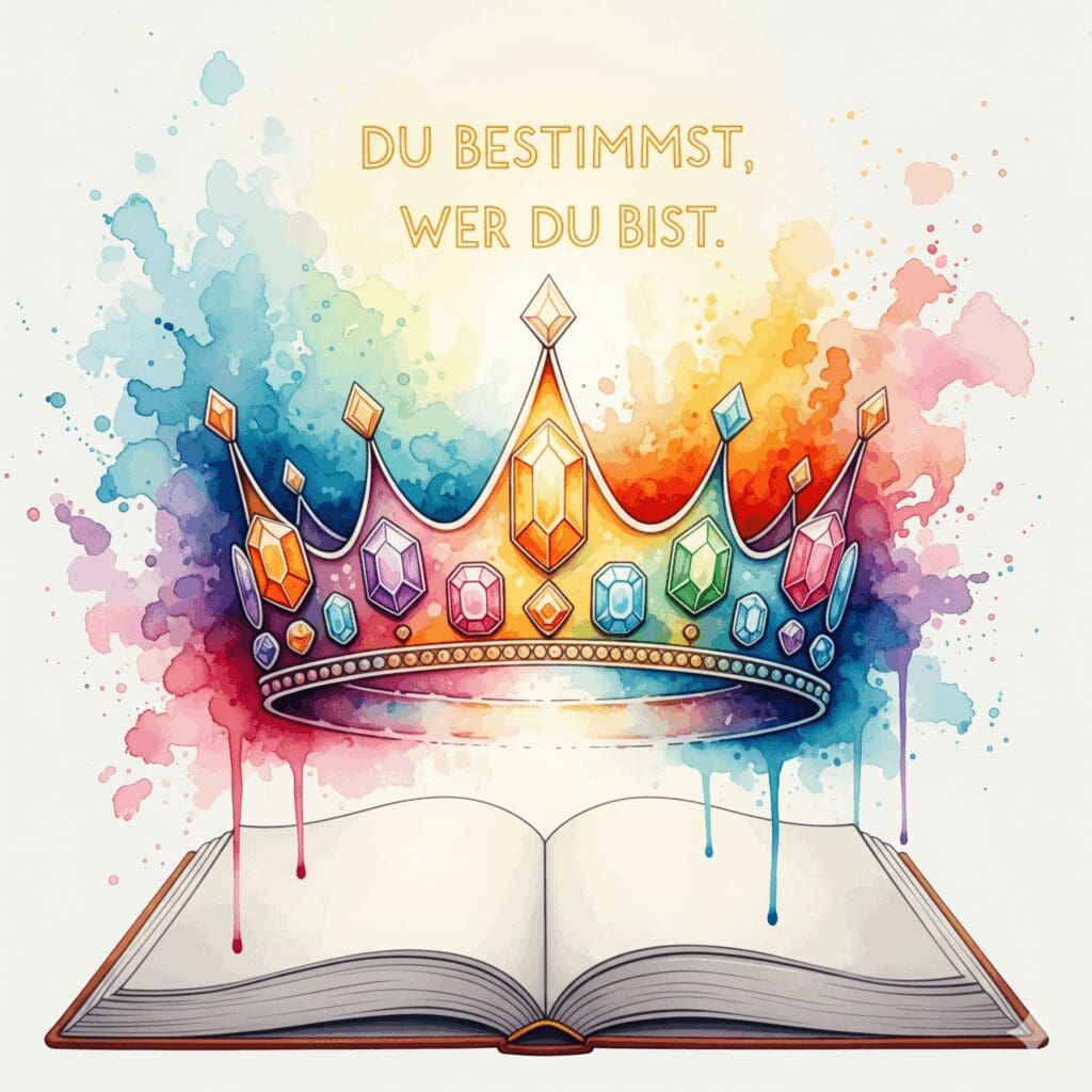 Eine bunte Krone aus Edelsteinen schwebt über einem leeren Buch, als Symbol dafür, die eigene Geschichte und sexuelle Identität selbst zu bestimmen.