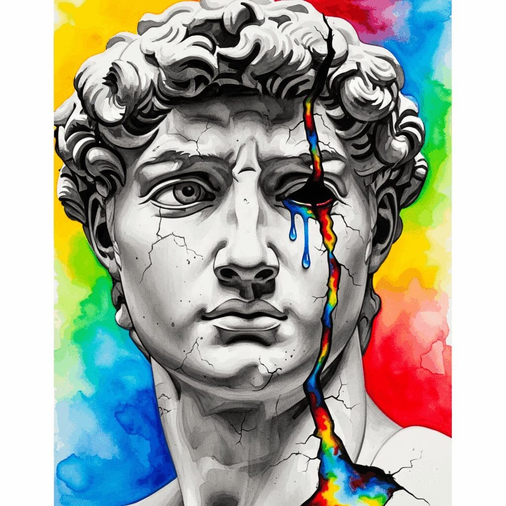 Künstlerische Darstellung des Tabus, dass Männer nicht weinen, gezeigt als eine einzelne bunte Träne, die die steinerne Fassade eines Mannesgesichts aufbricht.