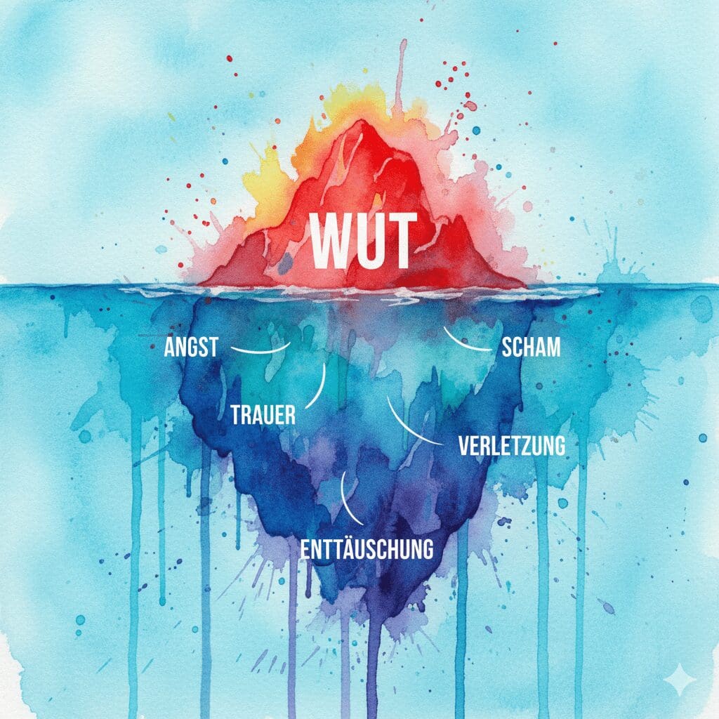Ein Eisberg, dessen kleine rote Spitze "Wut" ist, während der riesige Teil unter Wasser die wahren Emotionen wie Angst, Trauer und Scham darstellt.