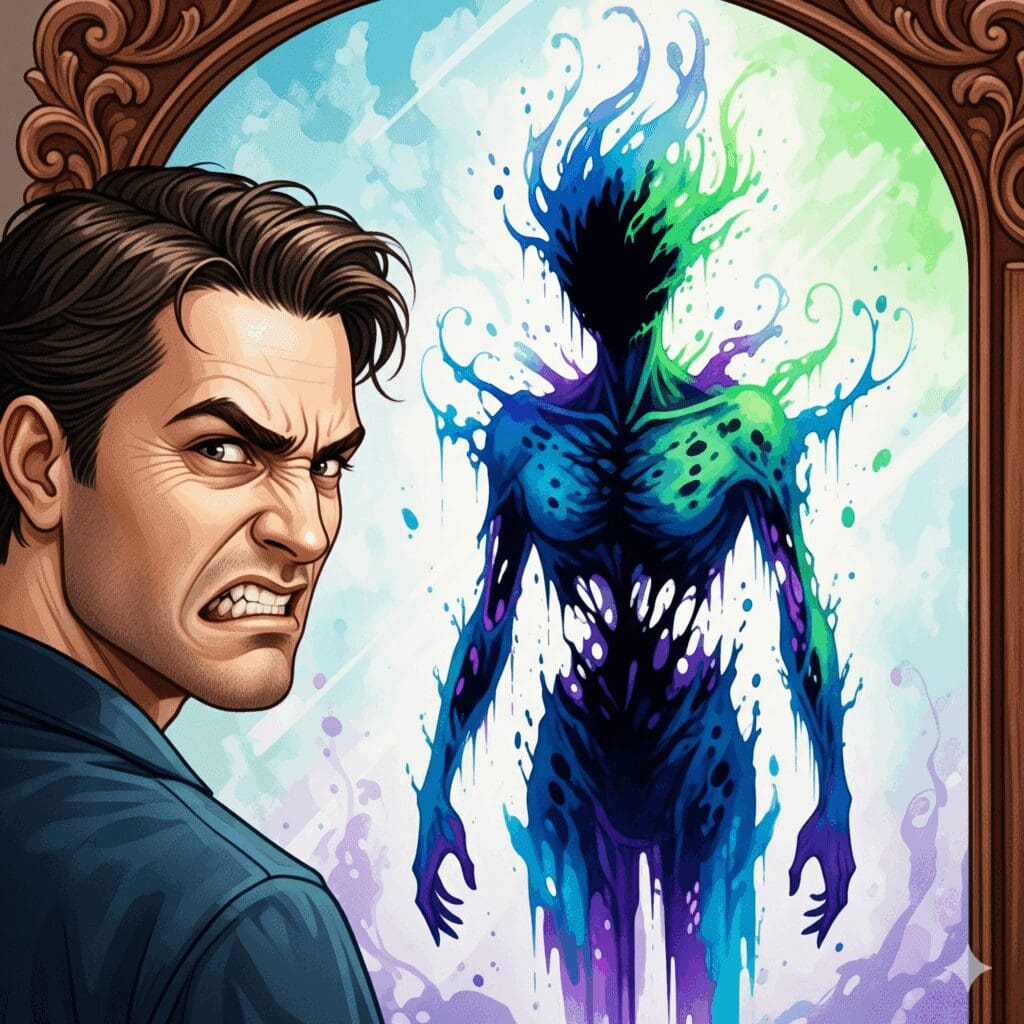 Ein Mann sieht wütend in den Spiegel, doch sein Spiegelbild zeigt eine zerfallende, leere Gestalt, als Symbol für die Diskrepanz zwischen dem äußeren Verhalten und dem inneren Erleben bei männlicher Depression.