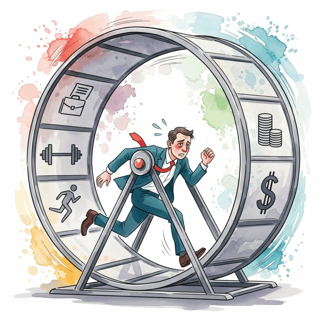 Ein Mann rennt in einem Hamsterrad, das Arbeit und Leistung symbolisiert, als Metapher für die kompensatorischen Fluchtstrategien bei männlicher Depression.