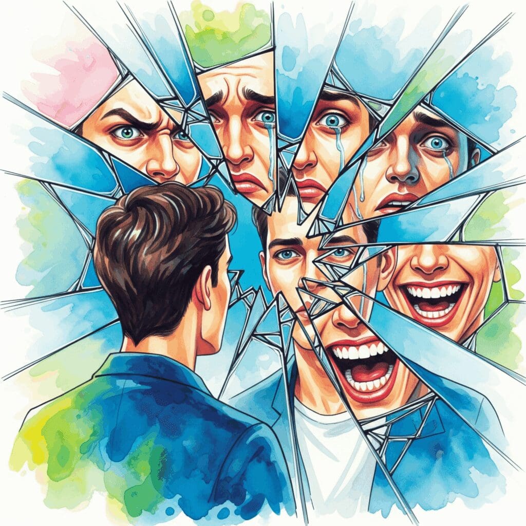 Ein zerbrochener Spiegel, der die fragmentierte Identität und den psychischen Zustand von Mois widerspiegelt, in bunten Watercolor-Farben.