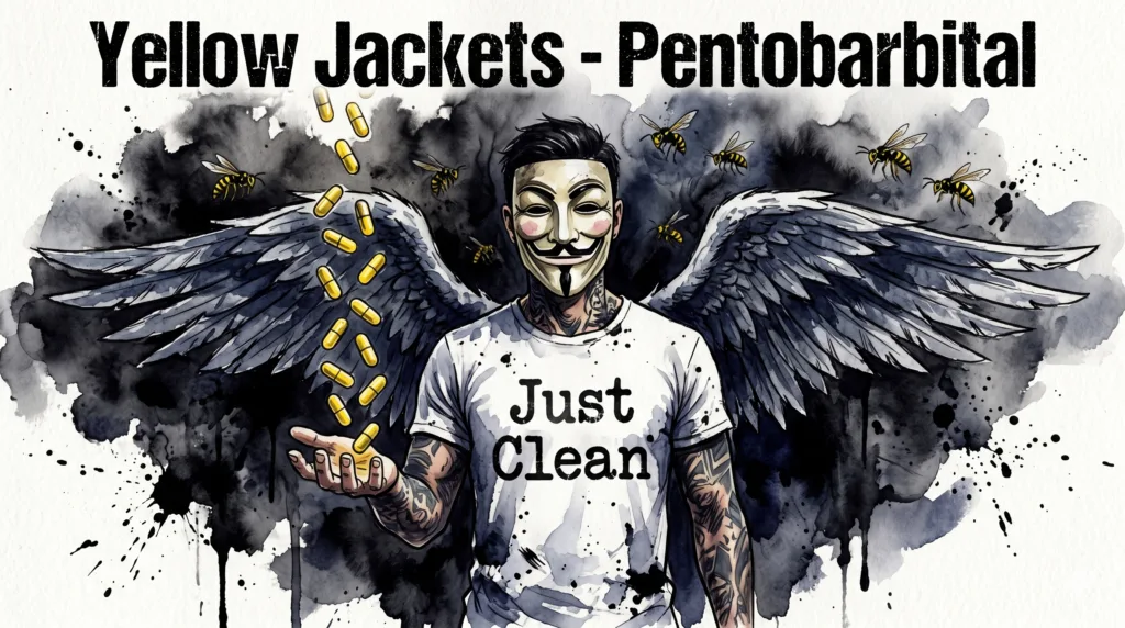 Die NeelixberliN Marken-Figur (Guy Fawkes Maske, Engelsflügel) steht im Rauch. Gelbe Kapseln regnen in seine Hand, umgeben von gelb-schwarzen Wespen.