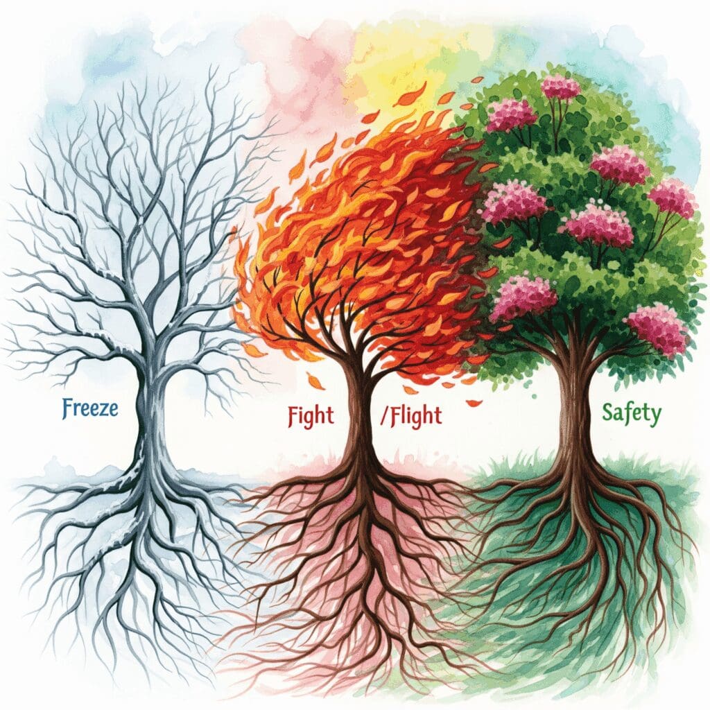 Drei Bäume repräsentieren Nervensystem-Zustände - blühender grüner Baum, windgepeitschter orange Baum, kahler grauer Baum, verbunden durch Wurzeln