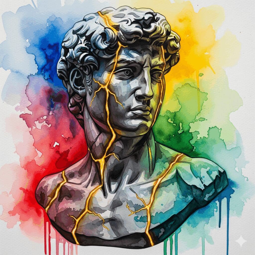 Eine männliche Statue, die nach dem Kintsugi-Prinzip mit Gold repariert wurde, als Symbol dafür, dass die Heilung von Brüchen und Wunden wahre Stärke und Schönheit schafft.