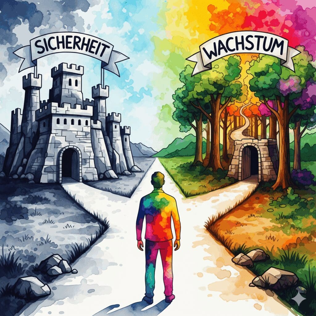 Ein Mann an einem Scheideweg zwischen einem sicheren, grauen Schloss und einem unvorhersehbaren, bunten Wald, als Symbol für die Entscheidung zwischen alter Männlichkeit und neuem Wachstum.