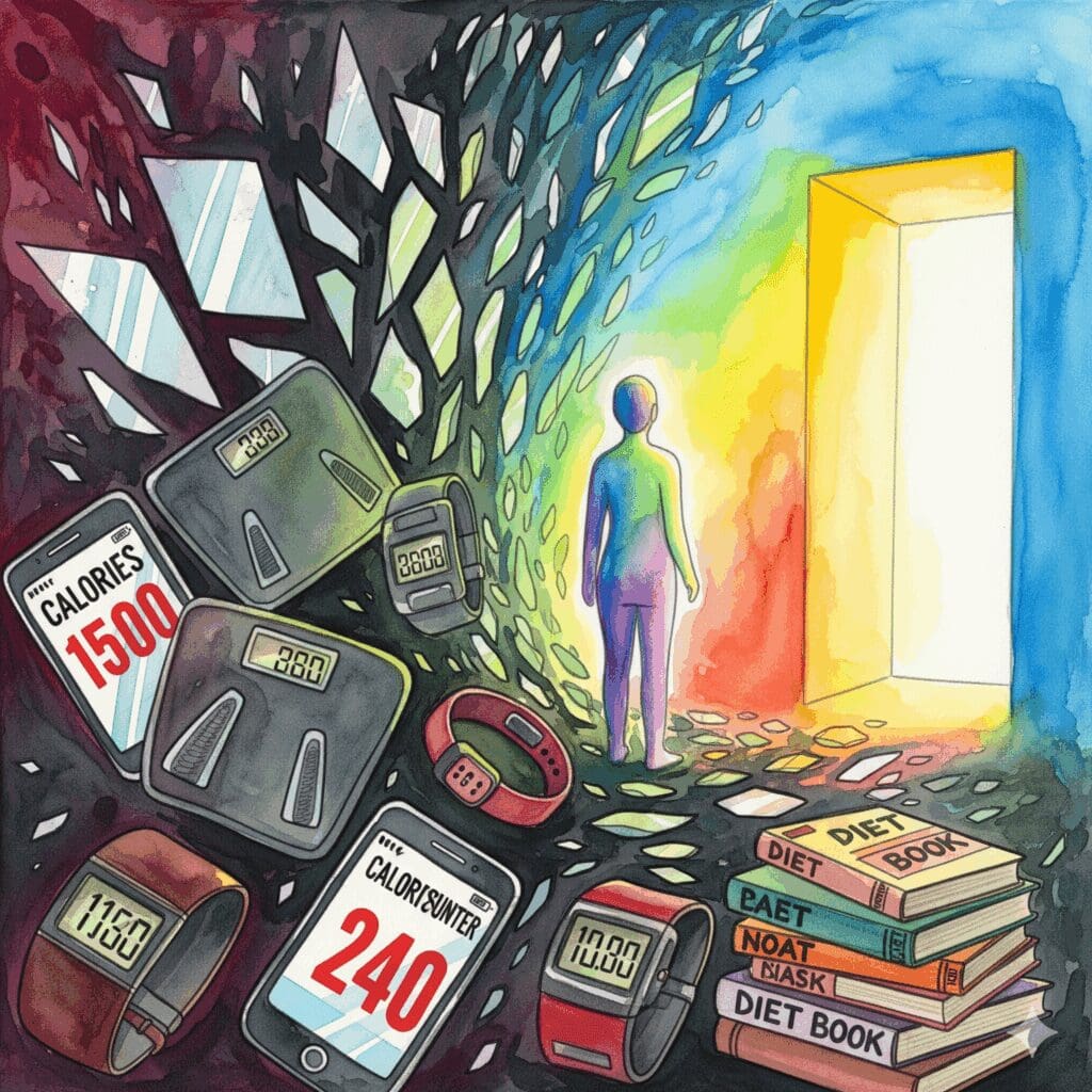 Person umgeben von Waagen, Spiegeln, Kalorienzählern in düsteren Farben, Ausgang zu hellem freien Raum sichtbar 