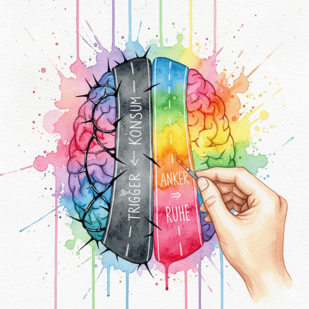 Ein Gehirn, in dem eine neue, leuchtende Nervenbahn ("Anker") neben einer alten, dunklen Sucht-Bahn gebaut wird. Symbol für das Neulernen durch NLP-Anker.
