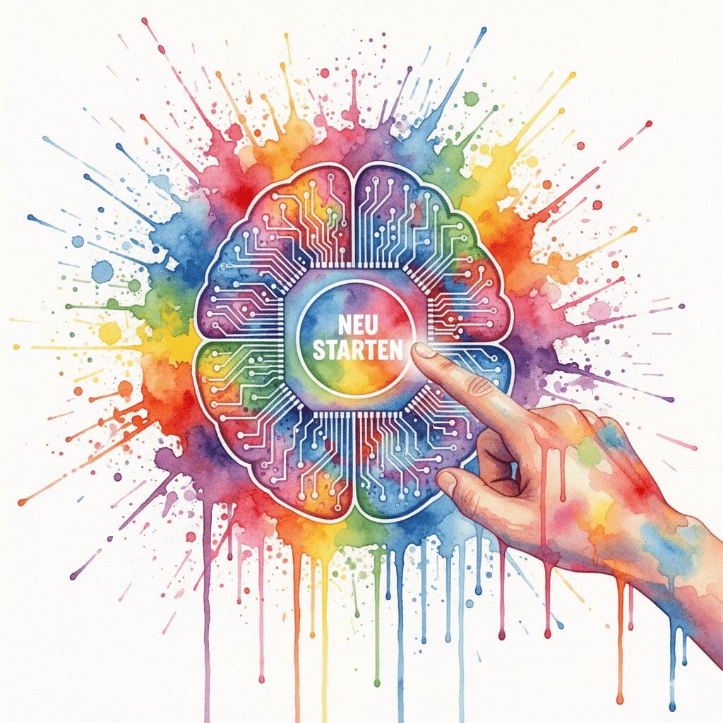Ein Gehirn als Hauptplatine mit einem "Neu starten"-Knopf, als Symbol dafür, wie NLP helfen kann, alte Denkmuster zu durchbrechen.