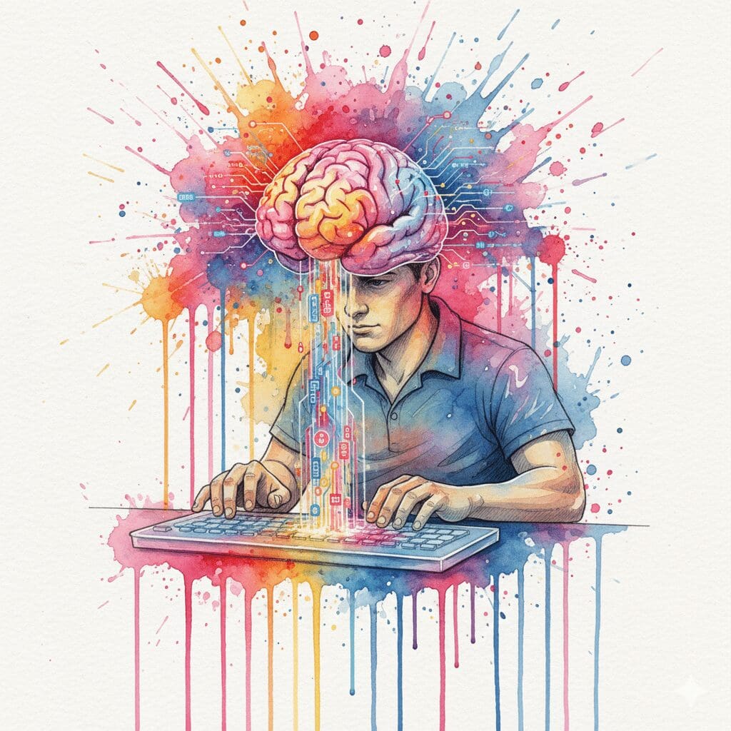 Eine Person, die den Code ihres eigenen Gehirns umschreibt, als Symbol für die Selbstermächtigung und das "Hacking" der eigenen Psyche durch NLP in der Recovery.