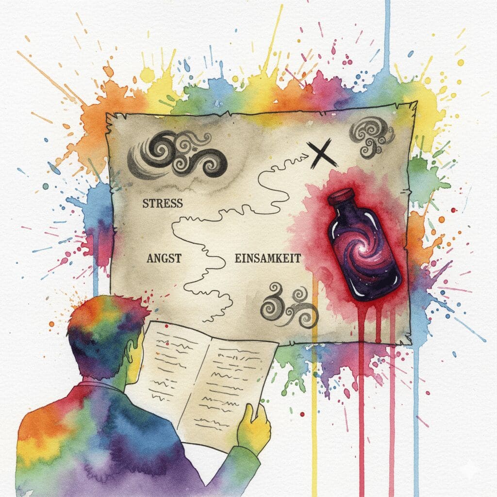 Eine Person blickt auf eine Landkarte ihres Schmerzes, auf der alle Wege zur Sucht führen. Symbol für das NLP-Prinzip "Die Landkarte ist nicht das Gebiet".