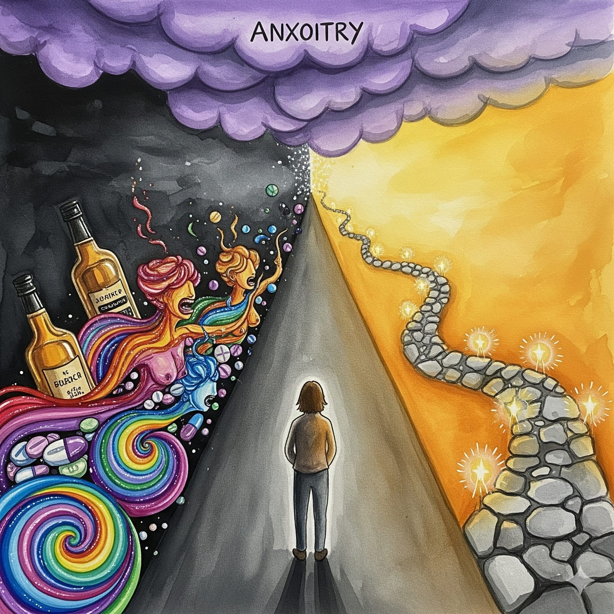 Performance Angst Rückfall Verlockung Scheideweg Recovery dunkle Schatten verführerische Sirenen Substanzen bergauf Heilung