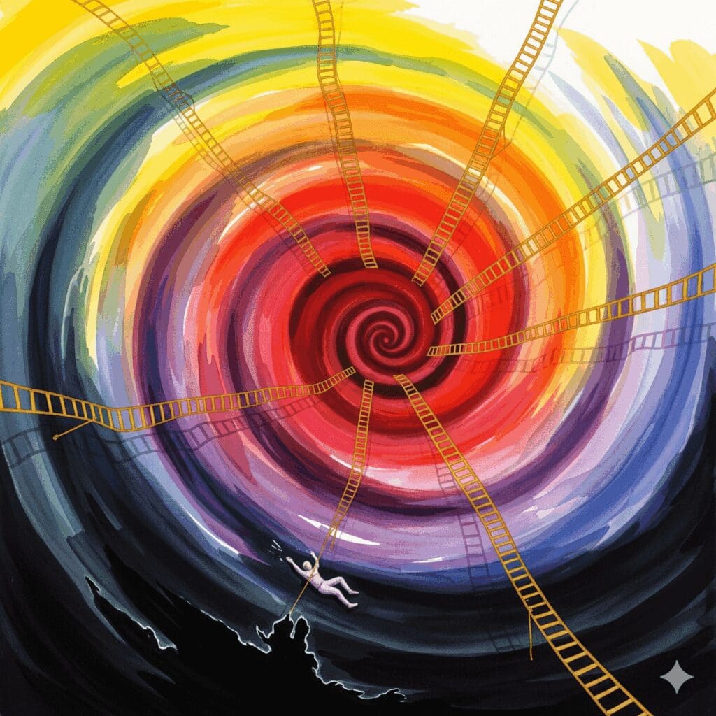 Performance Angst Spirale Abwärtsspirale Ausstieg Recovery Sex nach unten führend Gelb Orange Rot Violett schwarz goldene Rettungsseile