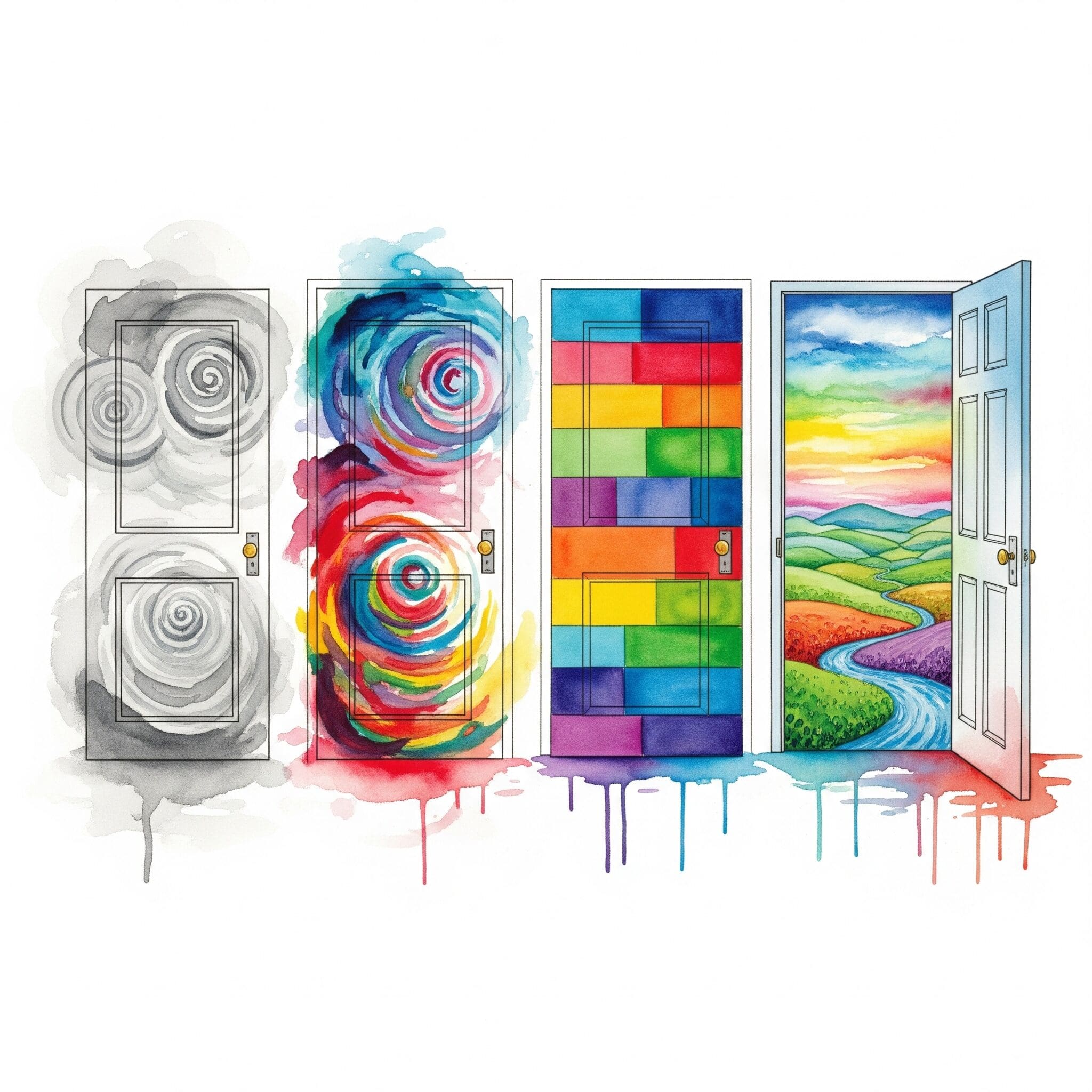 Symbolische Darstellung der vier Phasen der sexuellen Identitätsfindung in der Recovery als vier immer klarer und bunter werdende Türen.