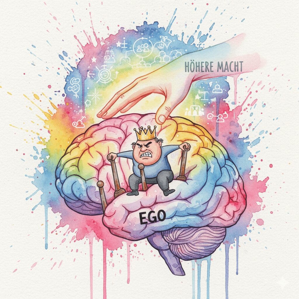 Eine große "Höhere Macht"-Hand beruhigt eine kleine, wütende "Ego"-Figur im Gehirn, als Symbol für die psychologische Funktion der 12 Schritte.