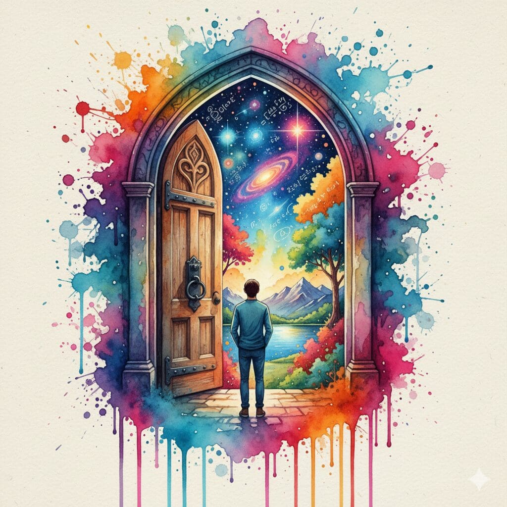 Eine Kirchentür öffnet sich zu einem Universum aus Wissenschaft und Natur, als Symbol für die offene und undogmatische Interpretation von Spiritualität in der Recovery.