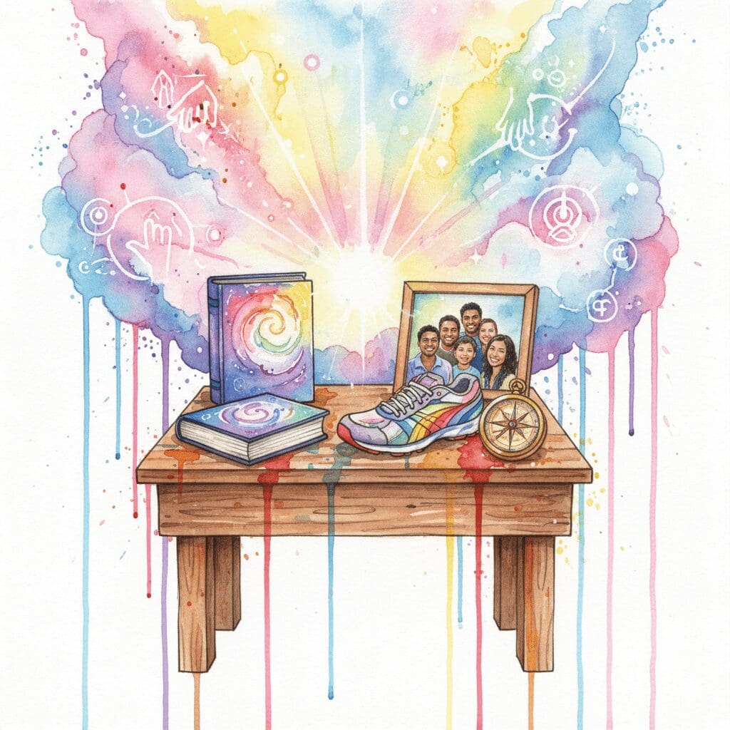 Ein persönlicher Altar mit weltlichen Symbolen für eine individuelle Spiritualität, gemalt in bunten Watercolor-Farben.