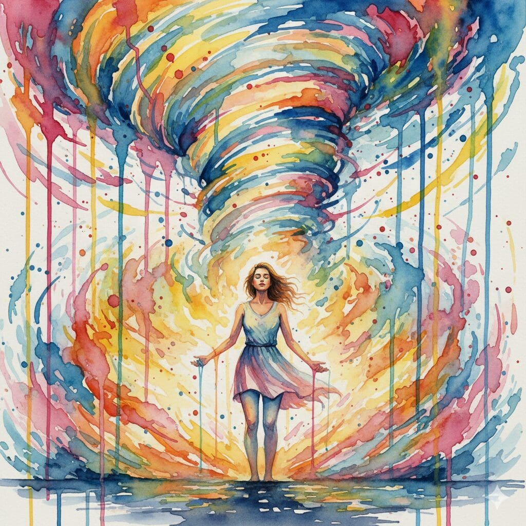 Eine Person steht ruhig im Auge eines Tornados, als Symbol für die gemeisterte Fähigkeit, intensive innere Energien zu kontrollieren und zu nutzen.