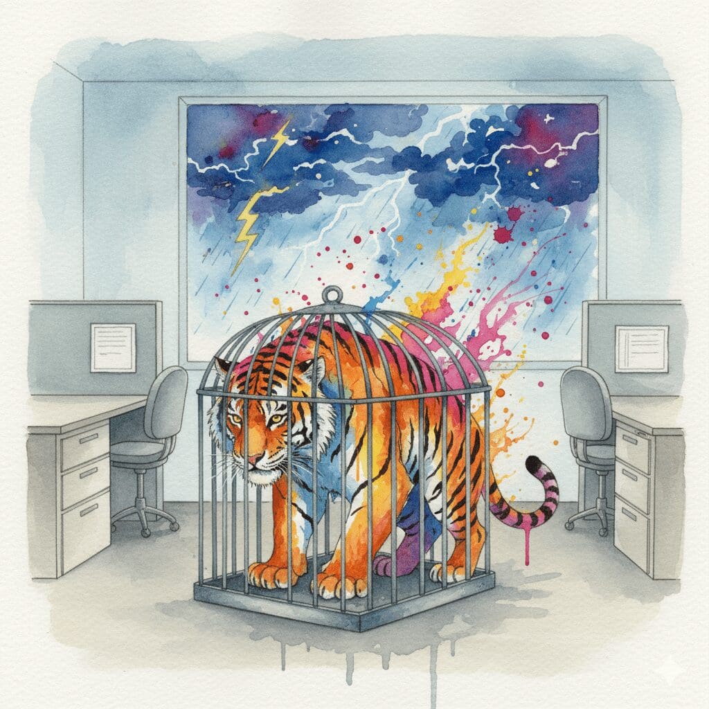 Ein energiegeladener Tiger in einem langweiligen Büro-Käfig, als Symbol für den Adrenalin-Junkie, der sich im "normalen" Leben gefangen fühlt.