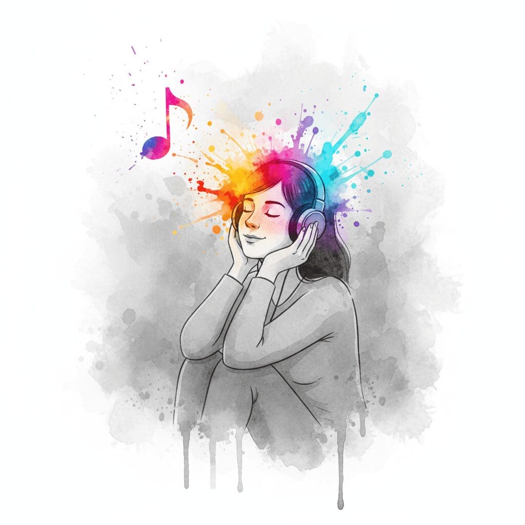 Eine Person hört Musik und empfindet zum ersten Mal wieder eine kleine, sichtbare Freude, symbolisiert durch eine bunte Musiknote.