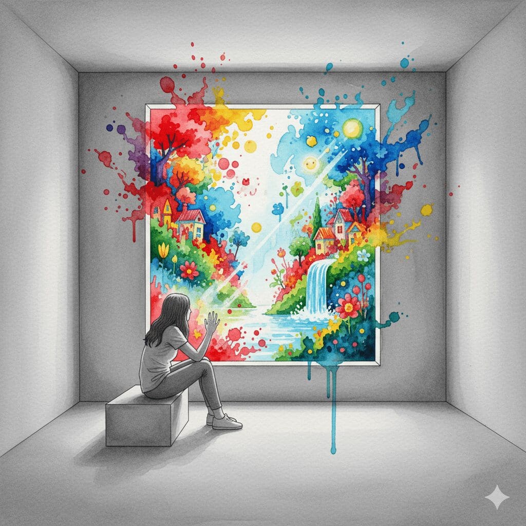 Eine Person in einer grauen Welt, die sehnsüchtig in eine bunte Welt schaut, als Symbol für Anhedonie und die Unfähigkeit, Freude zu empfinden in der frühen Recovery.