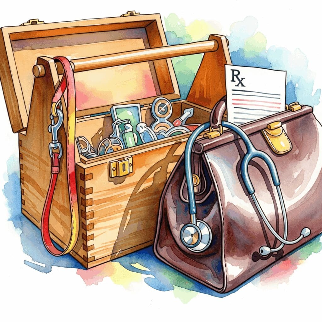 Eine spirituelle Werkzeugkiste, eine Arzttasche und eine Hundeleine stehen nebeneinander, als Symbol für die Kombination aus Selbsthilfe, medizinischer Behandlung und alternativen Wegen in der Recovery.