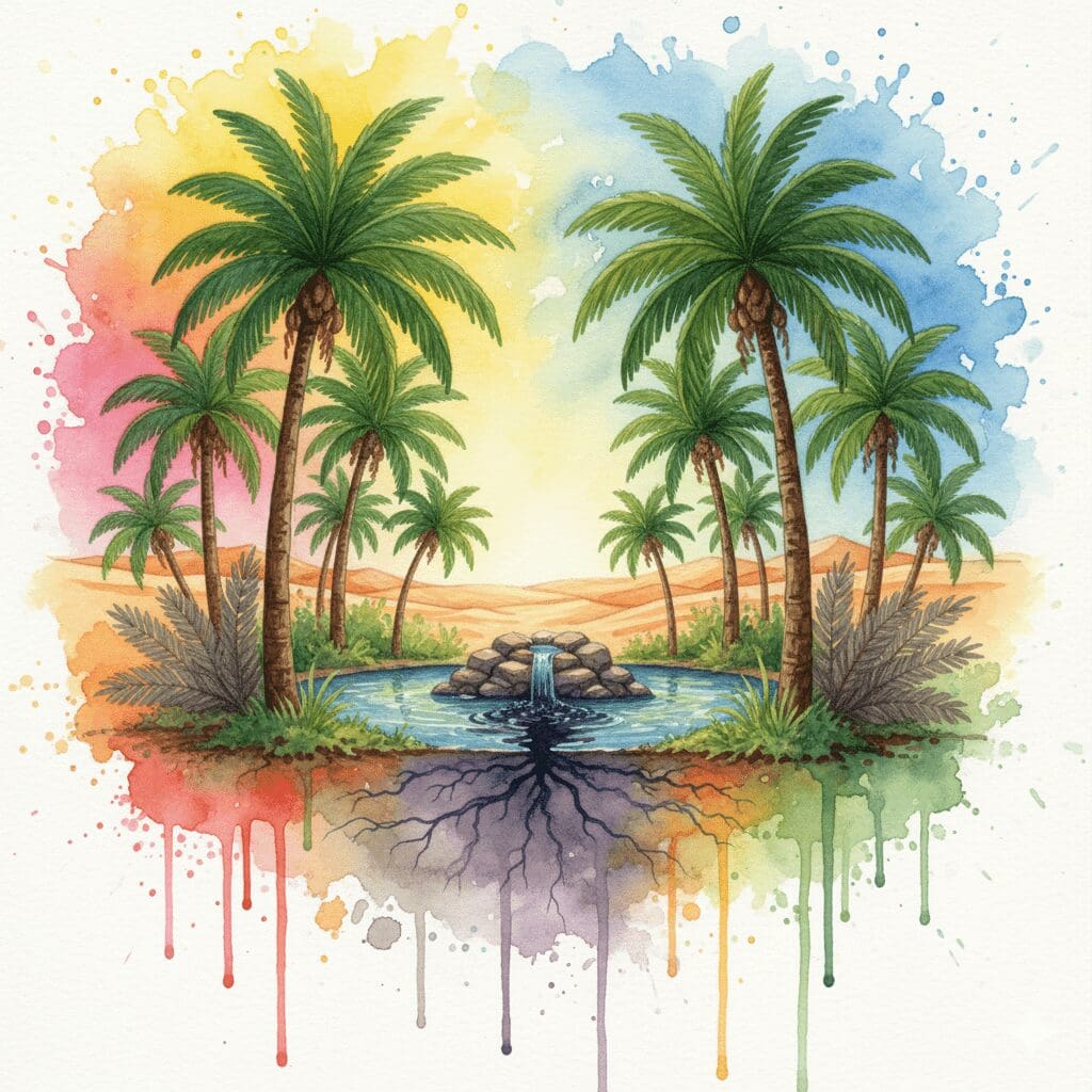 Eine Oase mit einer vergifteten Quelle, als Symbol für das "Dry Drunk Syndrom", bei dem die Abstinenz äußerlich schön, aber innerlich durch unbehandelte Probleme vergiftet ist.