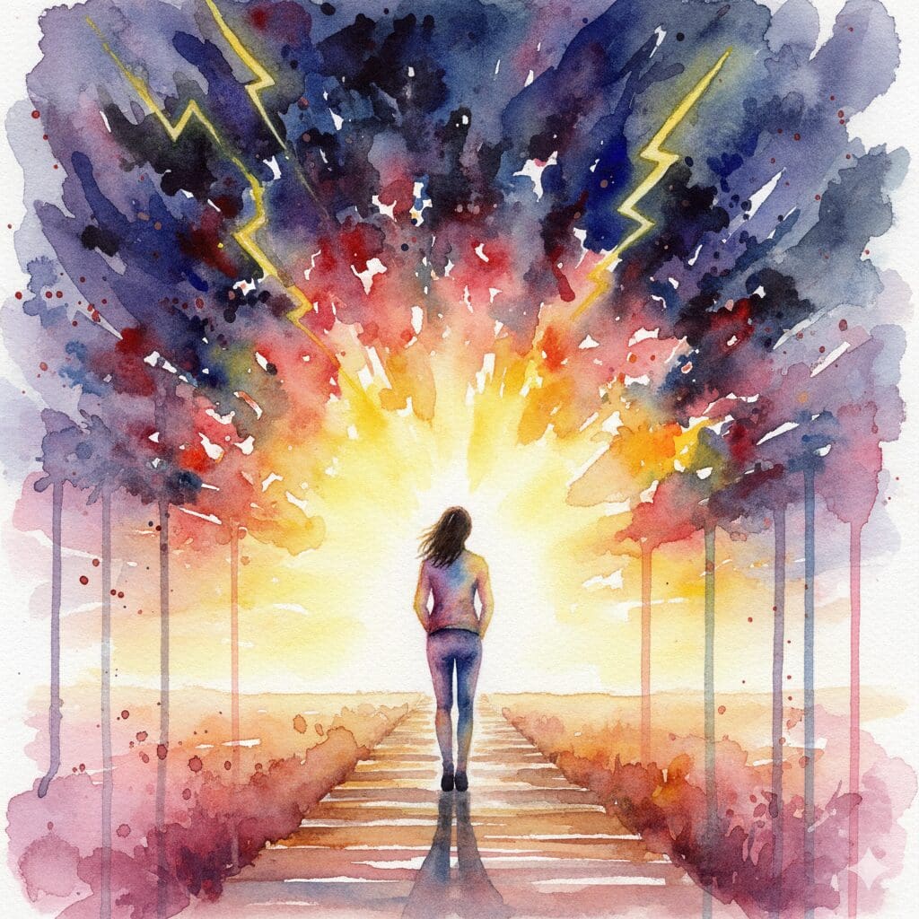 Eine Person auf einem sicheren Weg, die mit Weisheit auf einen Sturm zurückblickt, den sie überlebt hat. Symbol für die Demut und Stärke nach einem bewältigten Rückfall.