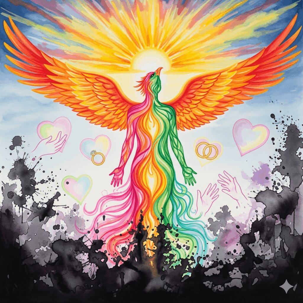 Recovery Sexualität Phoenix Transformation sexuelle Heilung Wiedergeburt nüchterne Intimität authentische Sexualität Gold Rosa Orange Grün