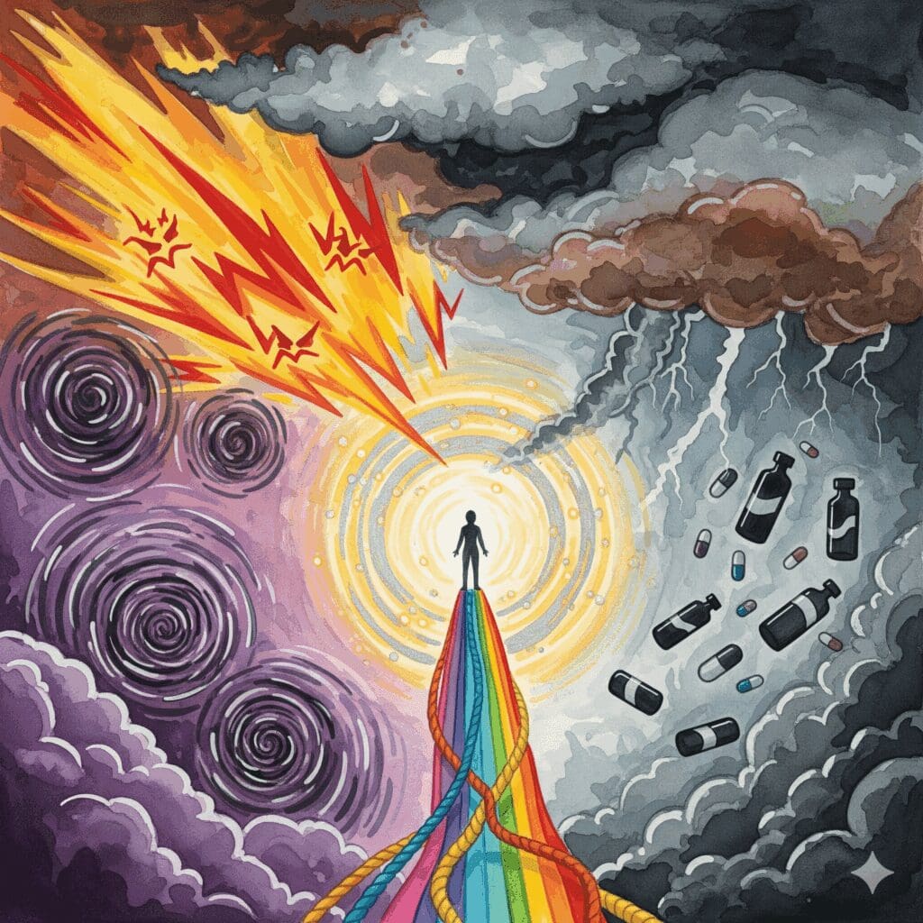 Rückfall Sturm sexuelle Frustration Schutz Hoffnung wirbelnde Emotionen Frustrationsblitze Angstwirbel Schamwolken Lichtkreis