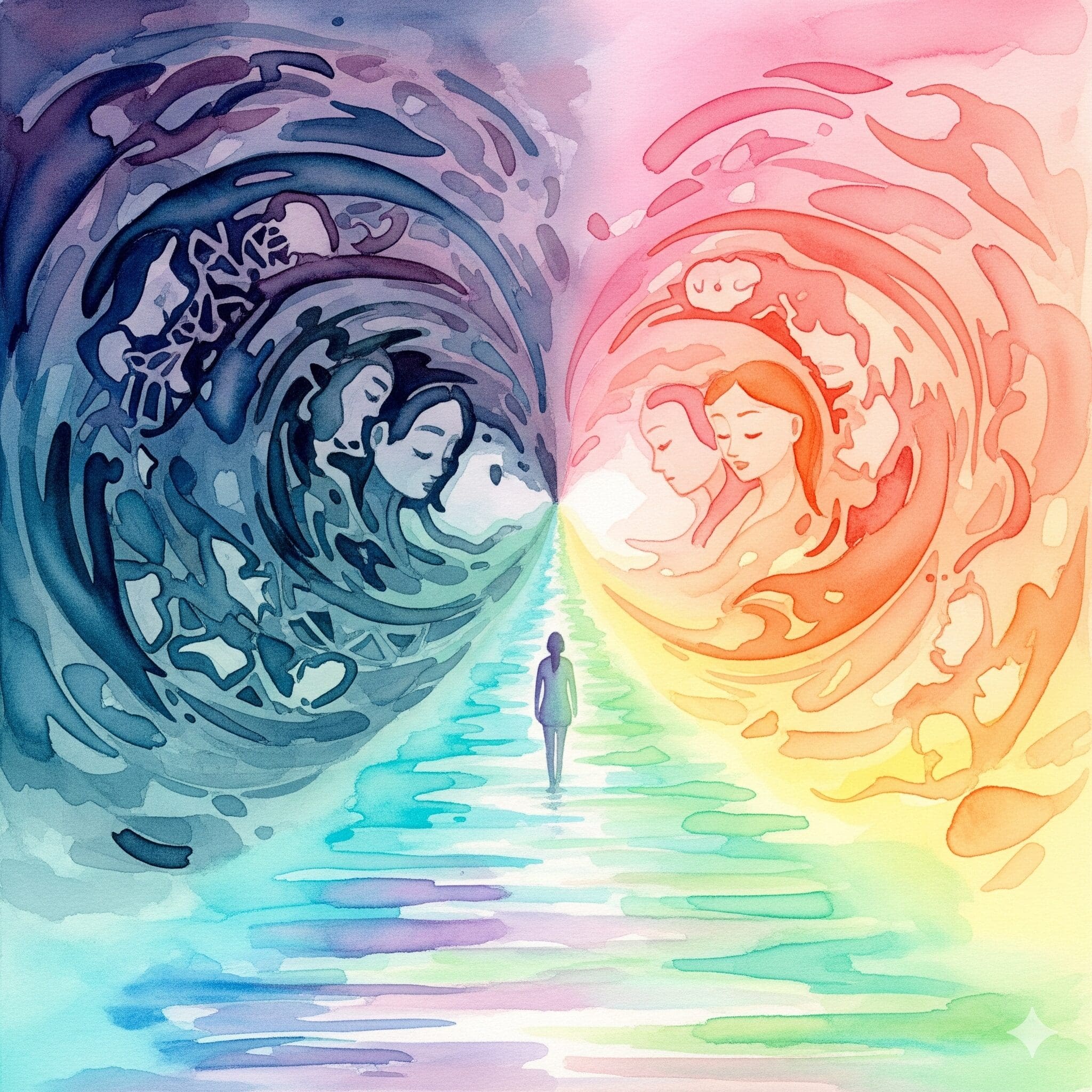 Spektrum von verzerrten zu realistischen Selbstbildern, Person navigiert zwischen Extremen in heilenden Farben 