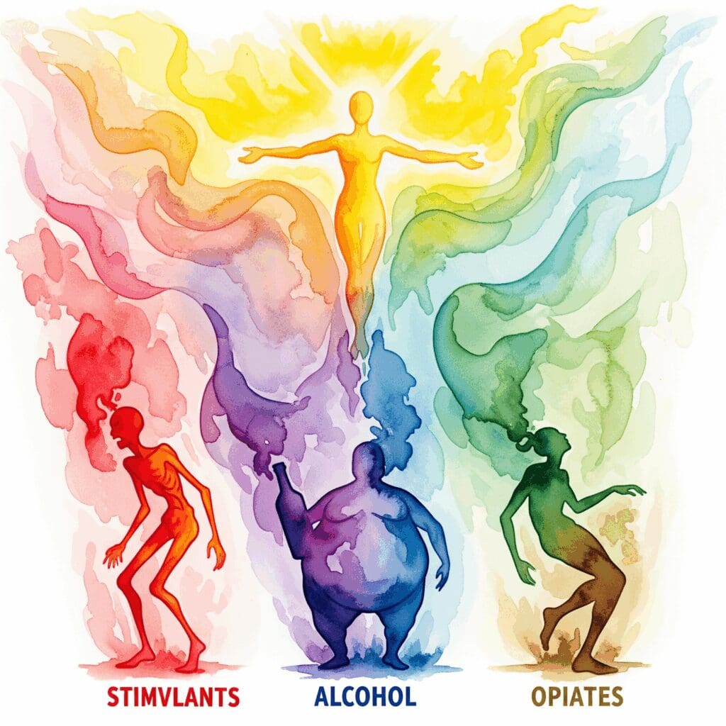 Verschiedene Silhouetten zeigen Substanz-Auswirkungen - dünne, aufgedunsene, schwankende Gestalten mit heilender goldener Integration