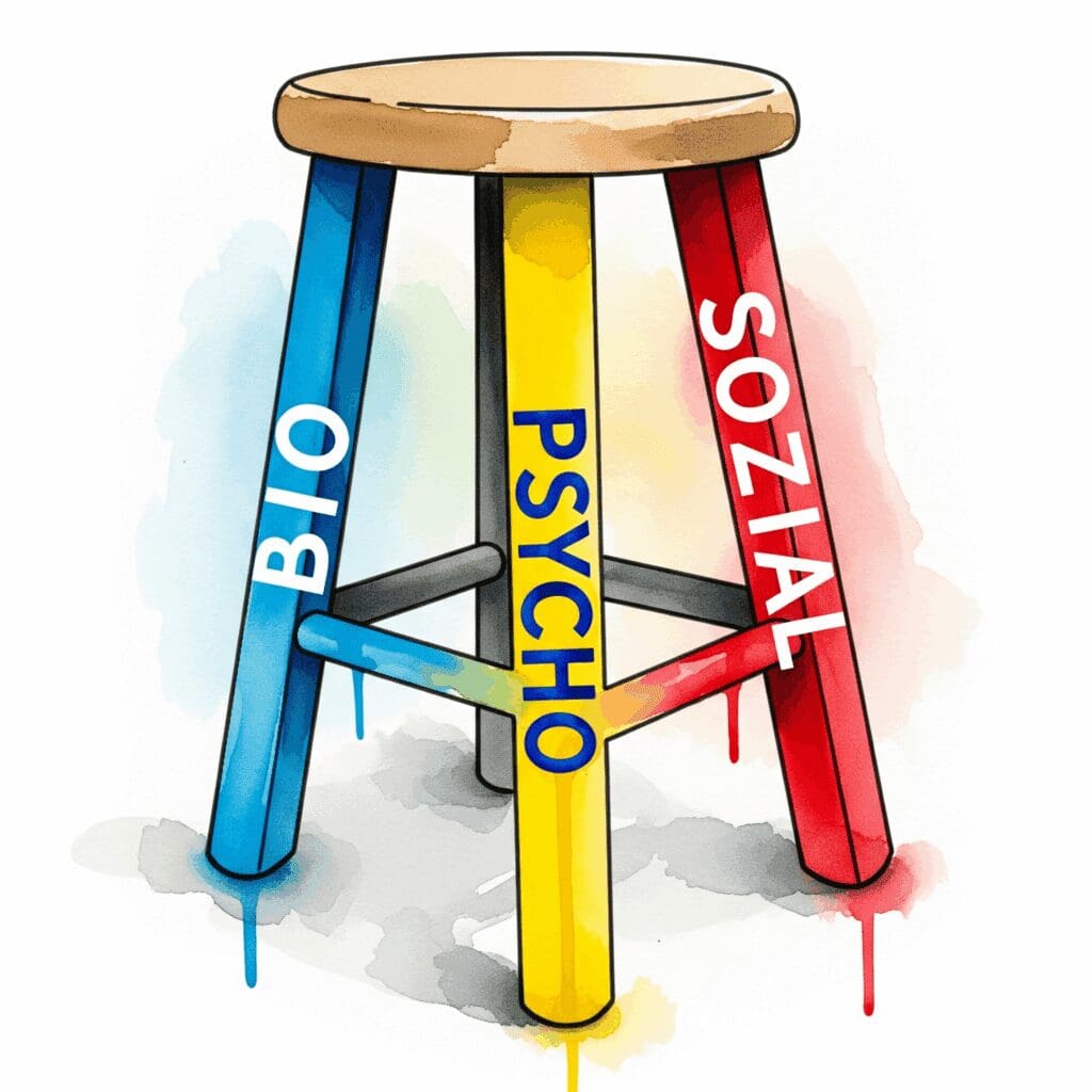 Ein stabiler Hocker, dessen drei Beine mit "Bio", "Psycho" und "Sozial" beschriftet sind, als Symbol für das biopsychosoziale Modell der Sucht.