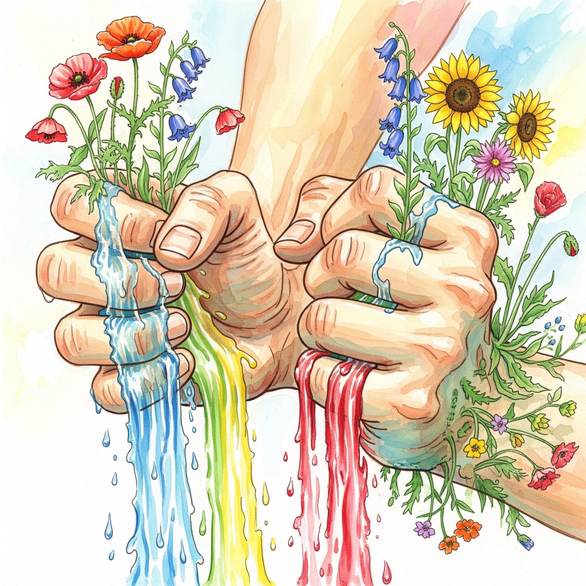 Hände, die Wasser loslassen und dadurch aufblühen, als Symbol dafür, dass die Aufgabe des Kontrollzwangs bei Sucht und Essstörungen zu wahrer Heilung führt.