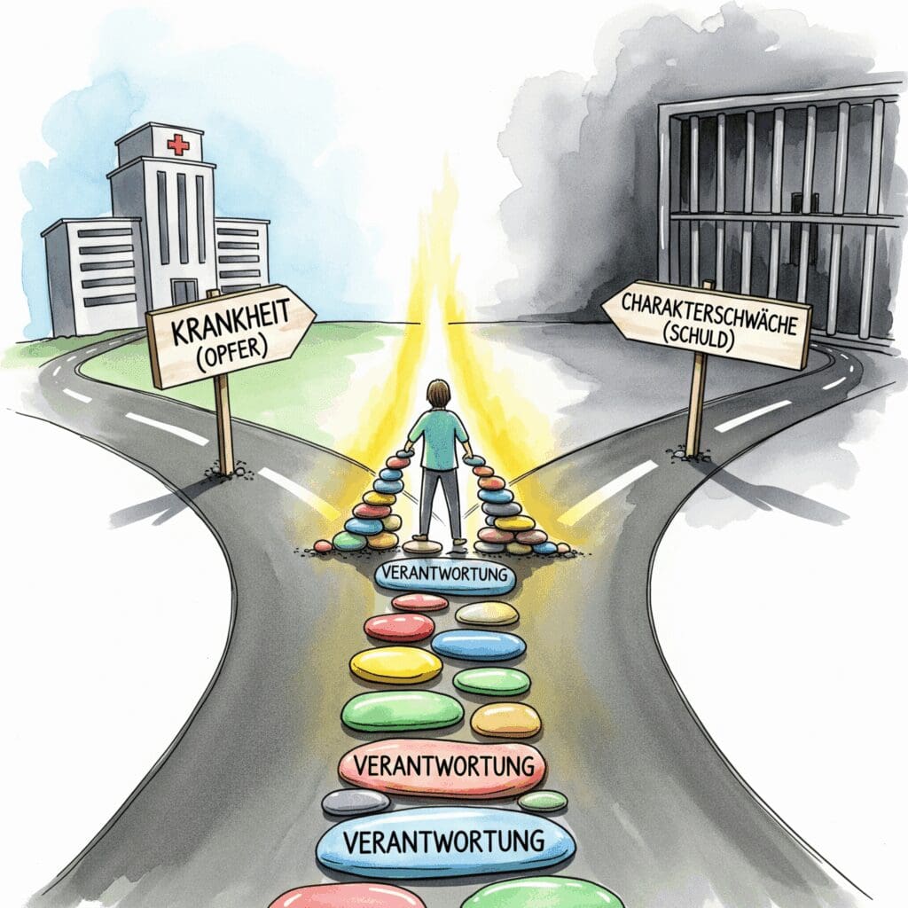 Eine Person an einer Weggabelung zwischen "Opfer" und "Schuld", die einen dritten Weg der "Verantwortung" baut. Symbol für die Überwindung des falschen Dilemmas bei Sucht als Krankheit.